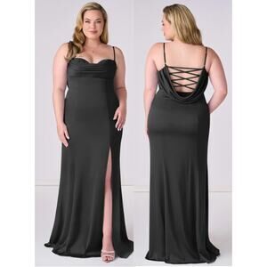 NWT Barbie x Azazie Pleated Lace Up Mermaid Stretch Satin Maxi Dress Black A16